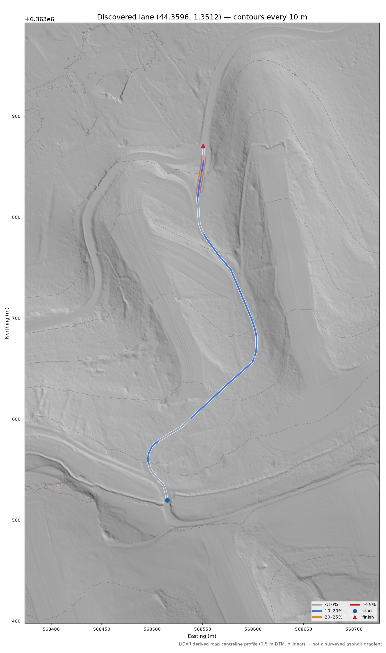 Discovered lane (44.3596, 1.3512) LiDAR hillshade map with contours