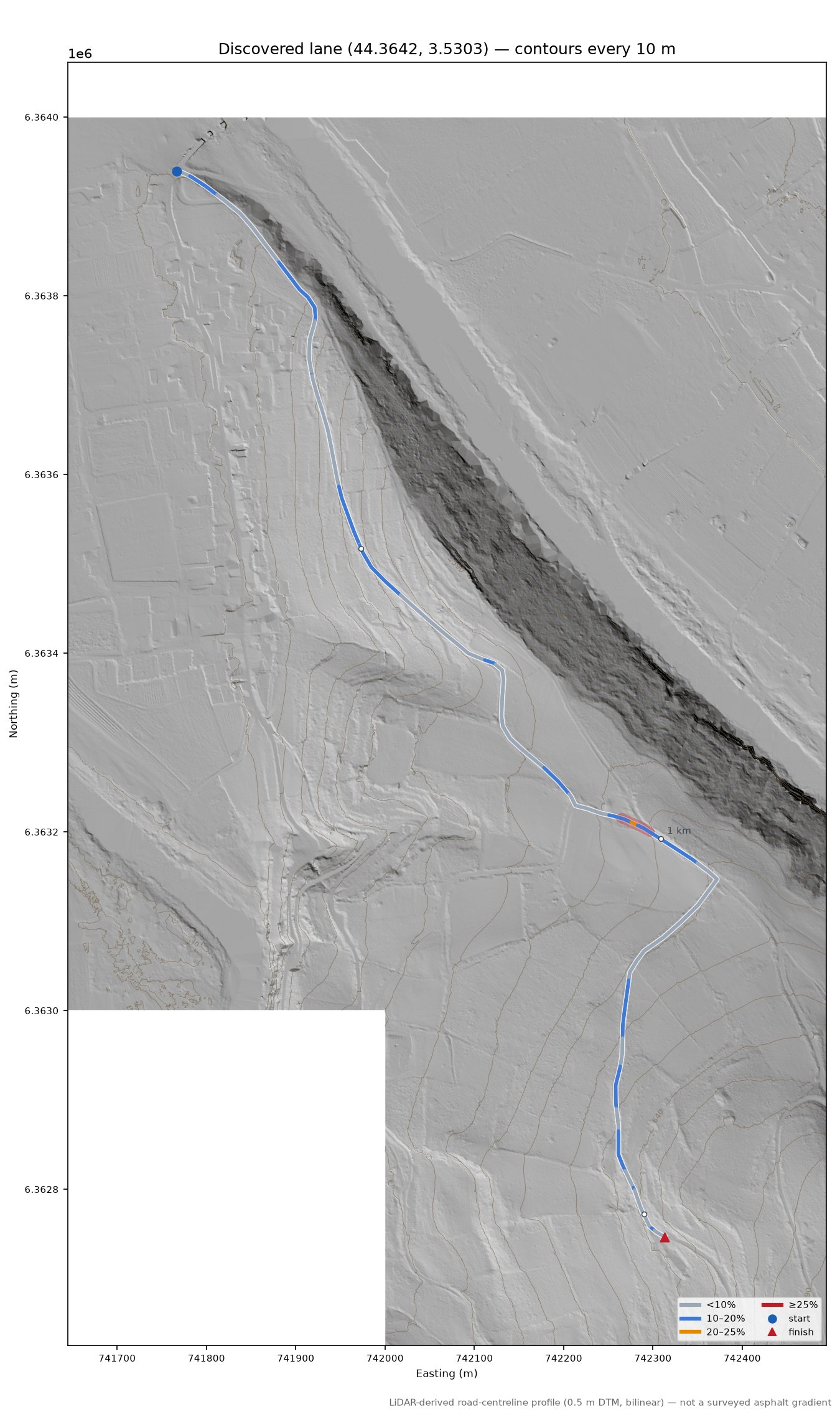 Discovered lane (44.3642, 3.5303) LiDAR hillshade map with contours