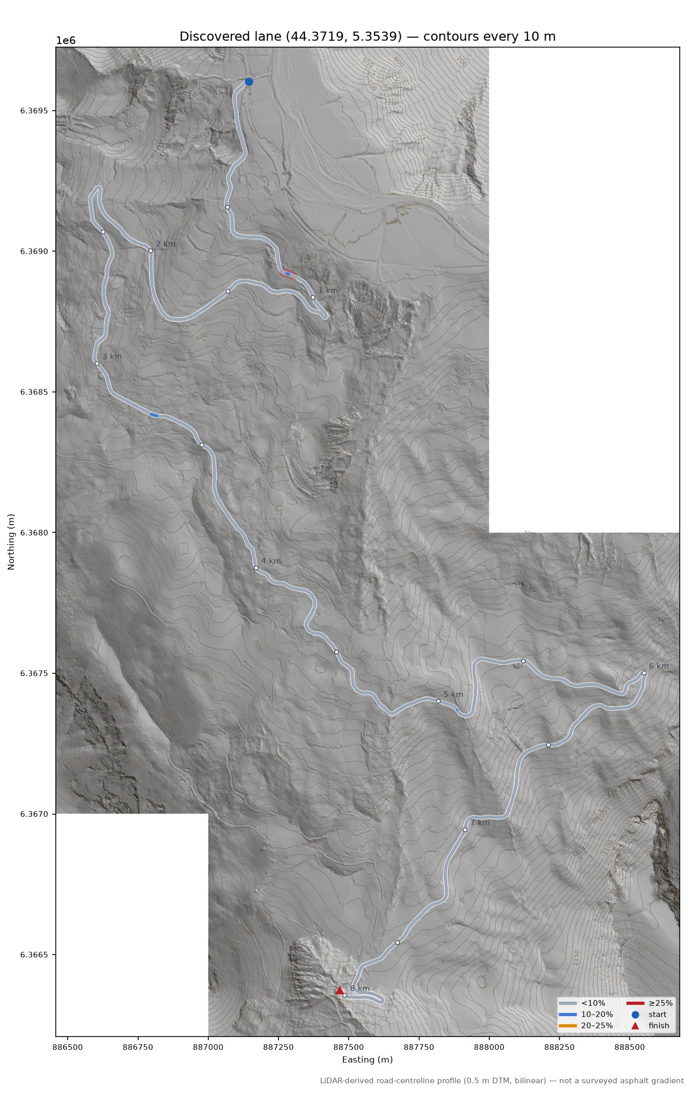 Discovered lane (44.3719, 5.3539) LiDAR hillshade map with contours