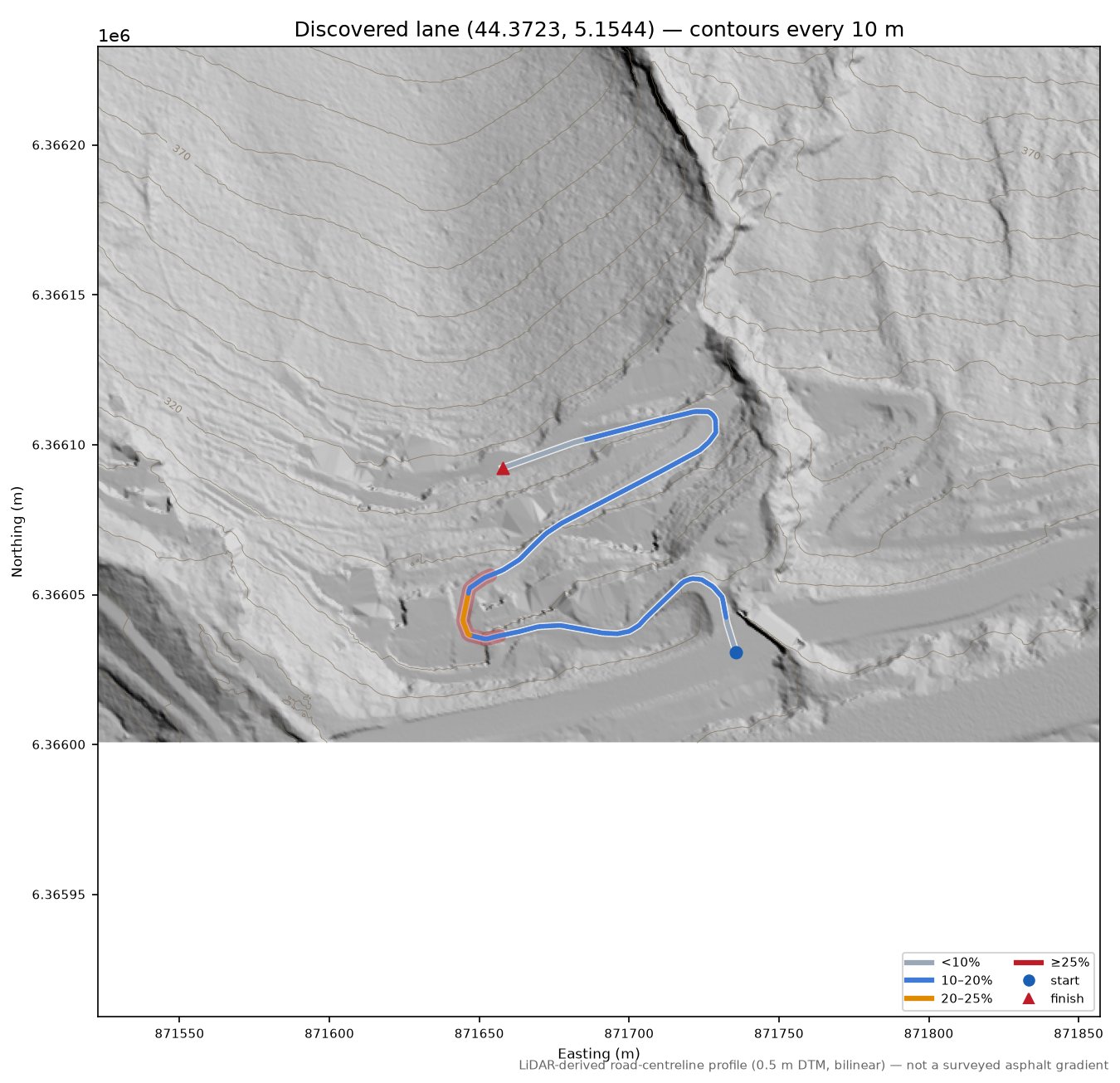 Discovered lane (44.3723, 5.1544) LiDAR hillshade map with contours