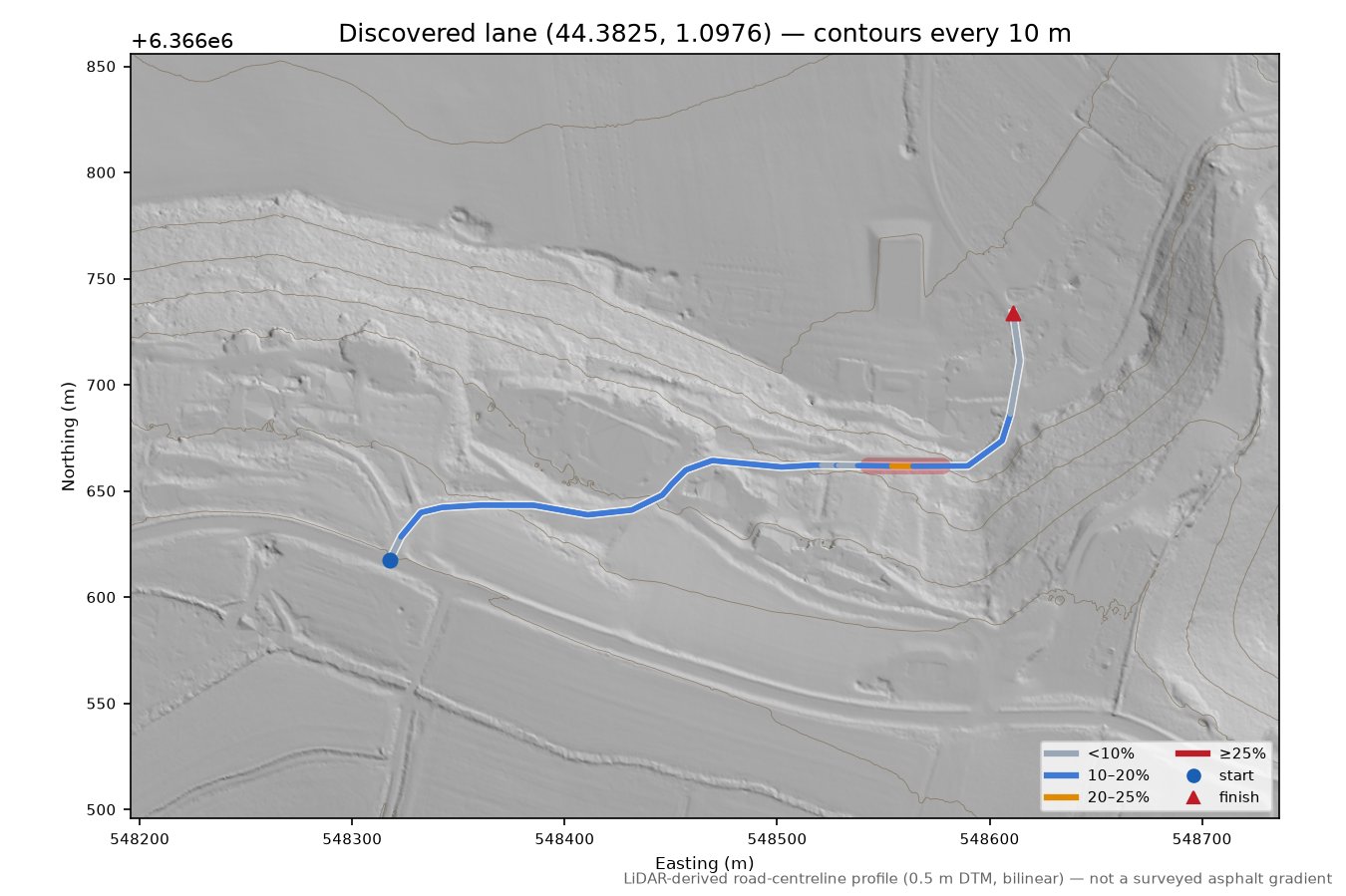 Discovered lane (44.3825, 1.0976) LiDAR hillshade map with contours