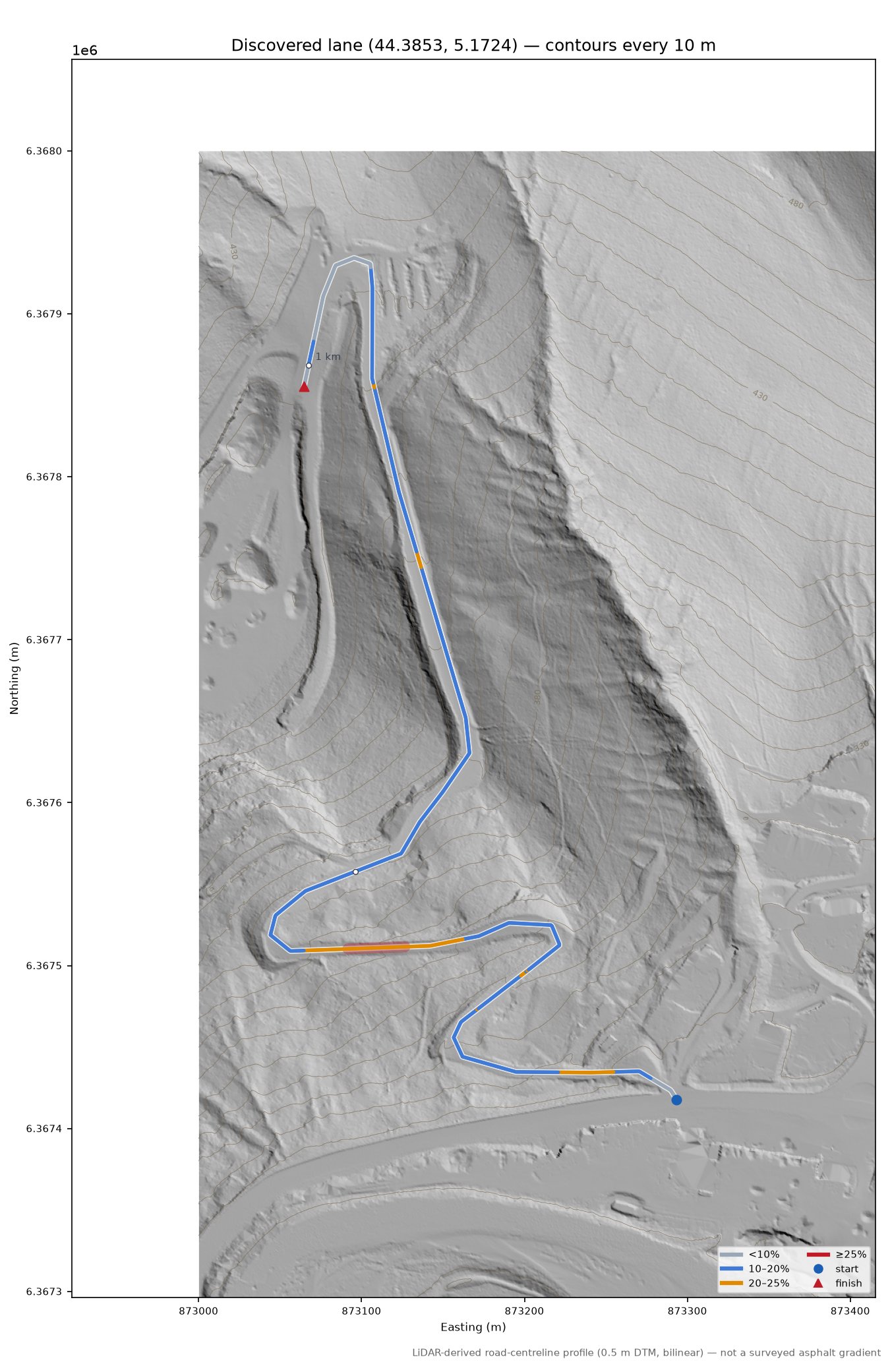 Discovered lane (44.3853, 5.1724) LiDAR hillshade map with contours