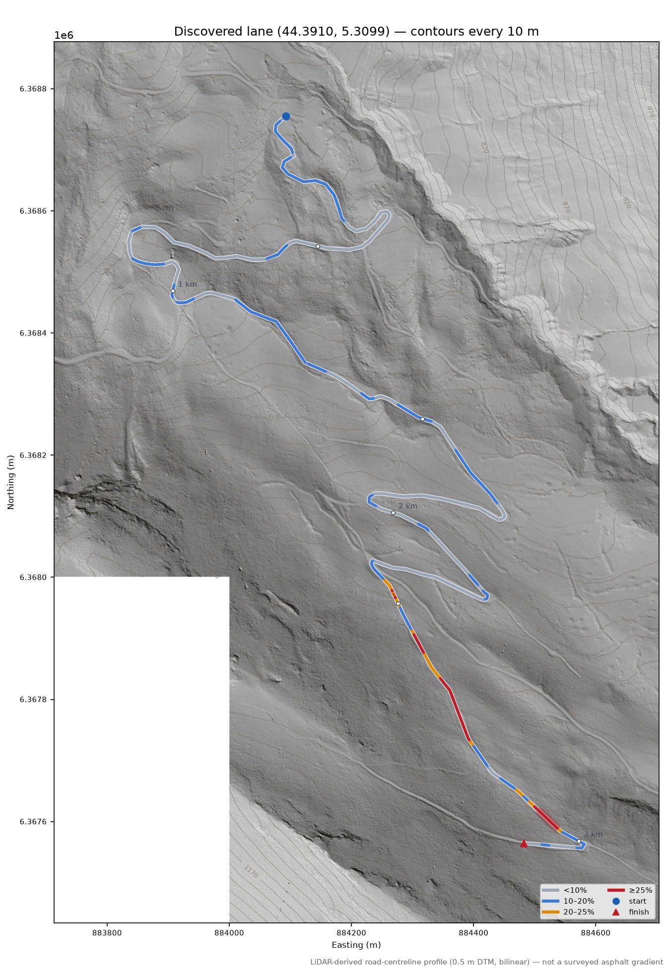 Discovered lane (44.3910, 5.3099) LiDAR hillshade map with contours