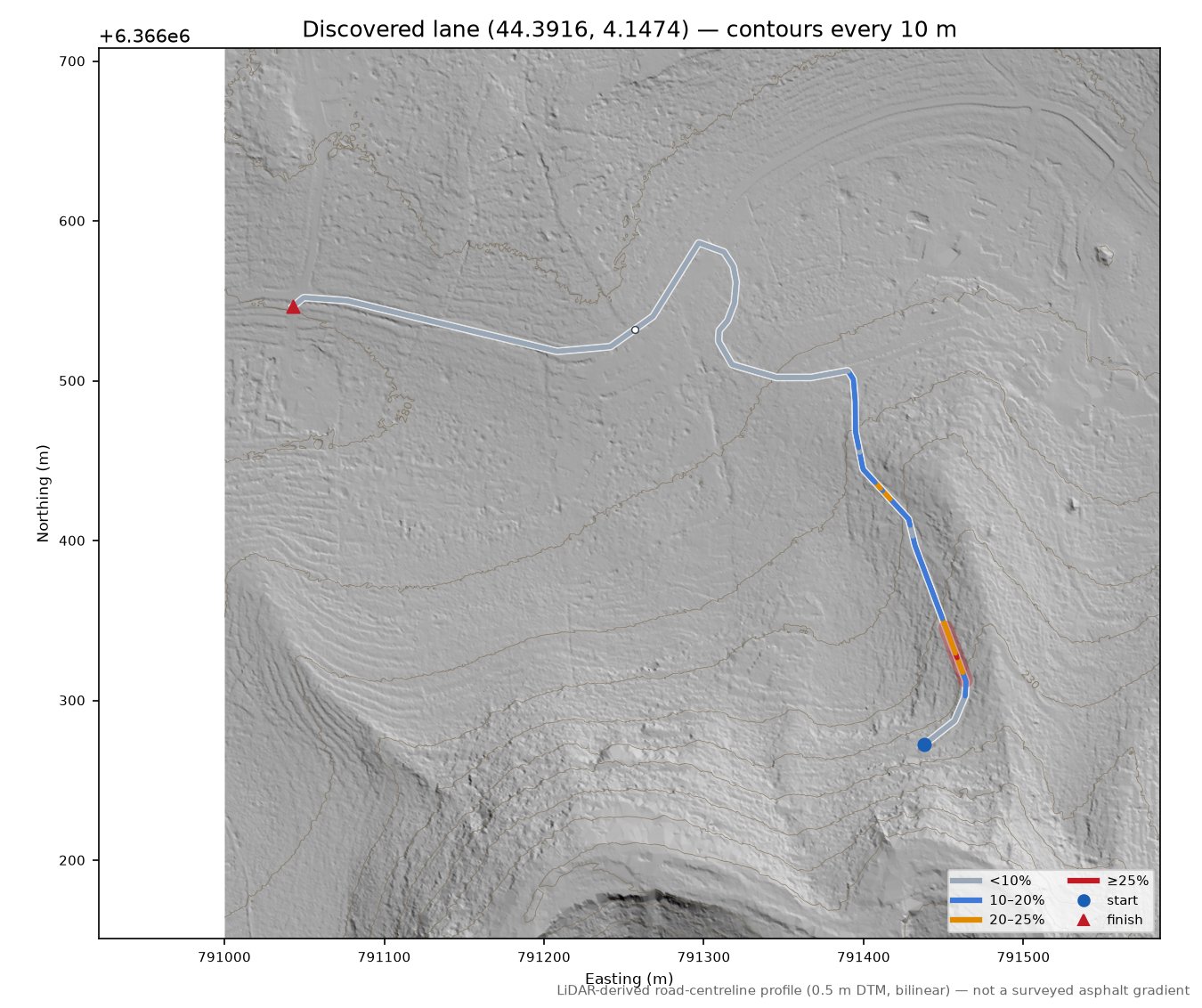 Discovered lane (44.3916, 4.1474) LiDAR hillshade map with contours