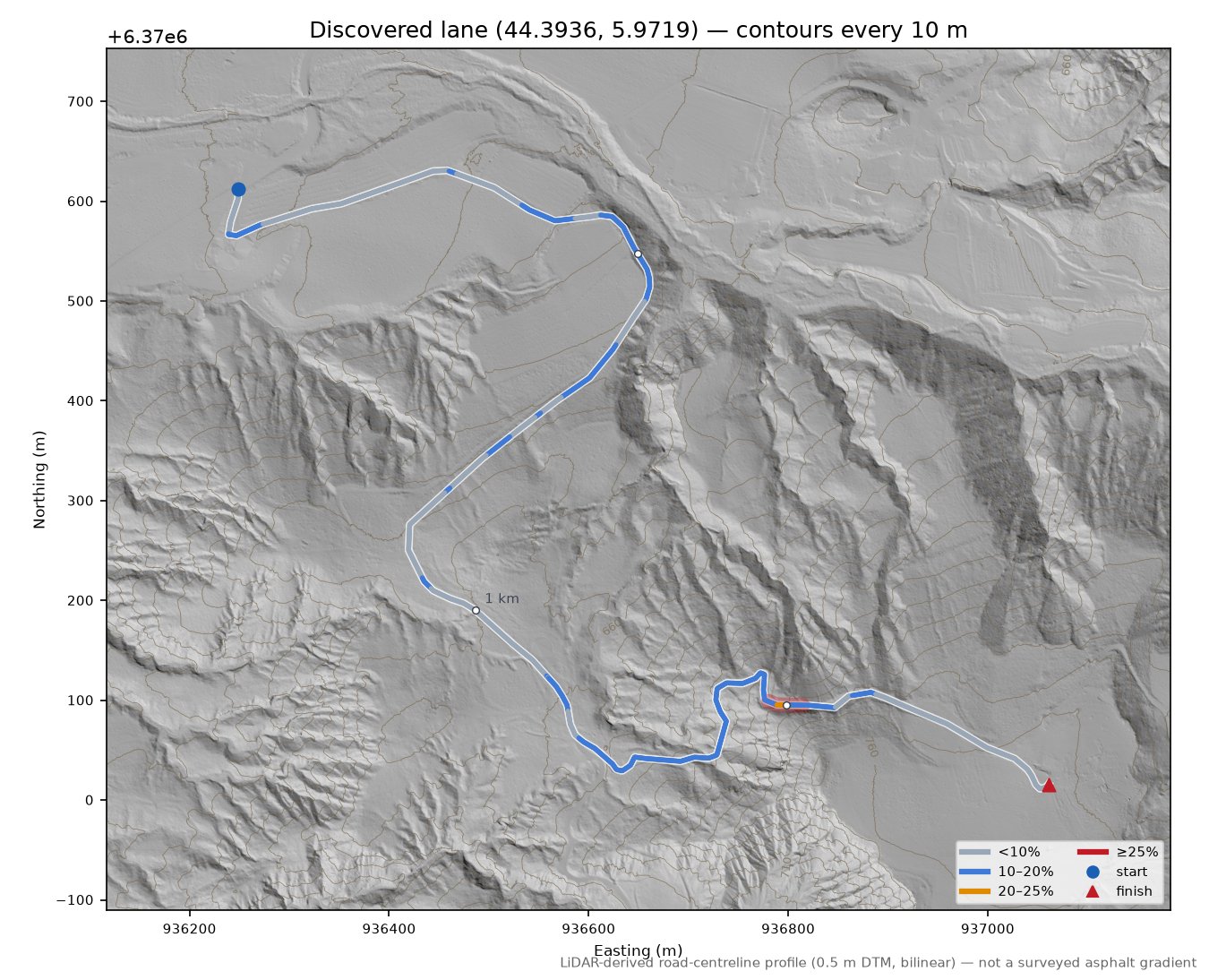 Discovered lane (44.3936, 5.9719) LiDAR hillshade map with contours