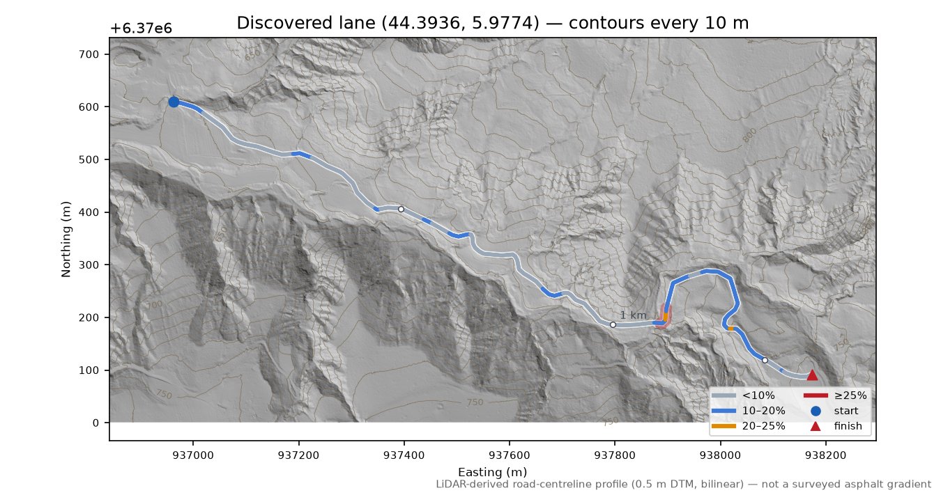 Discovered lane (44.3936, 5.9774) LiDAR hillshade map with contours