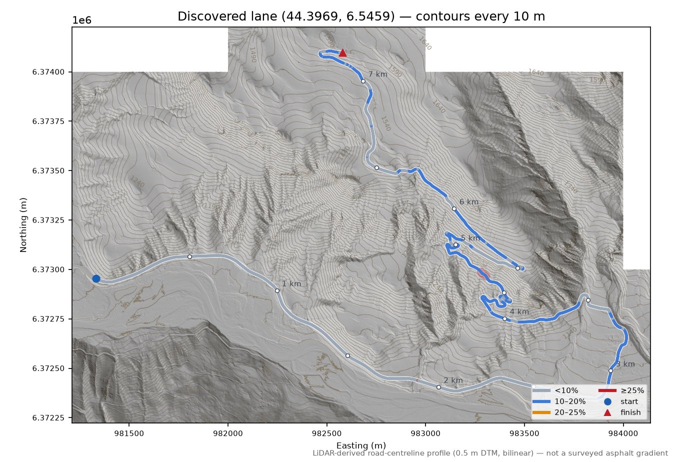 Discovered lane (44.3969, 6.5459) LiDAR hillshade map with contours