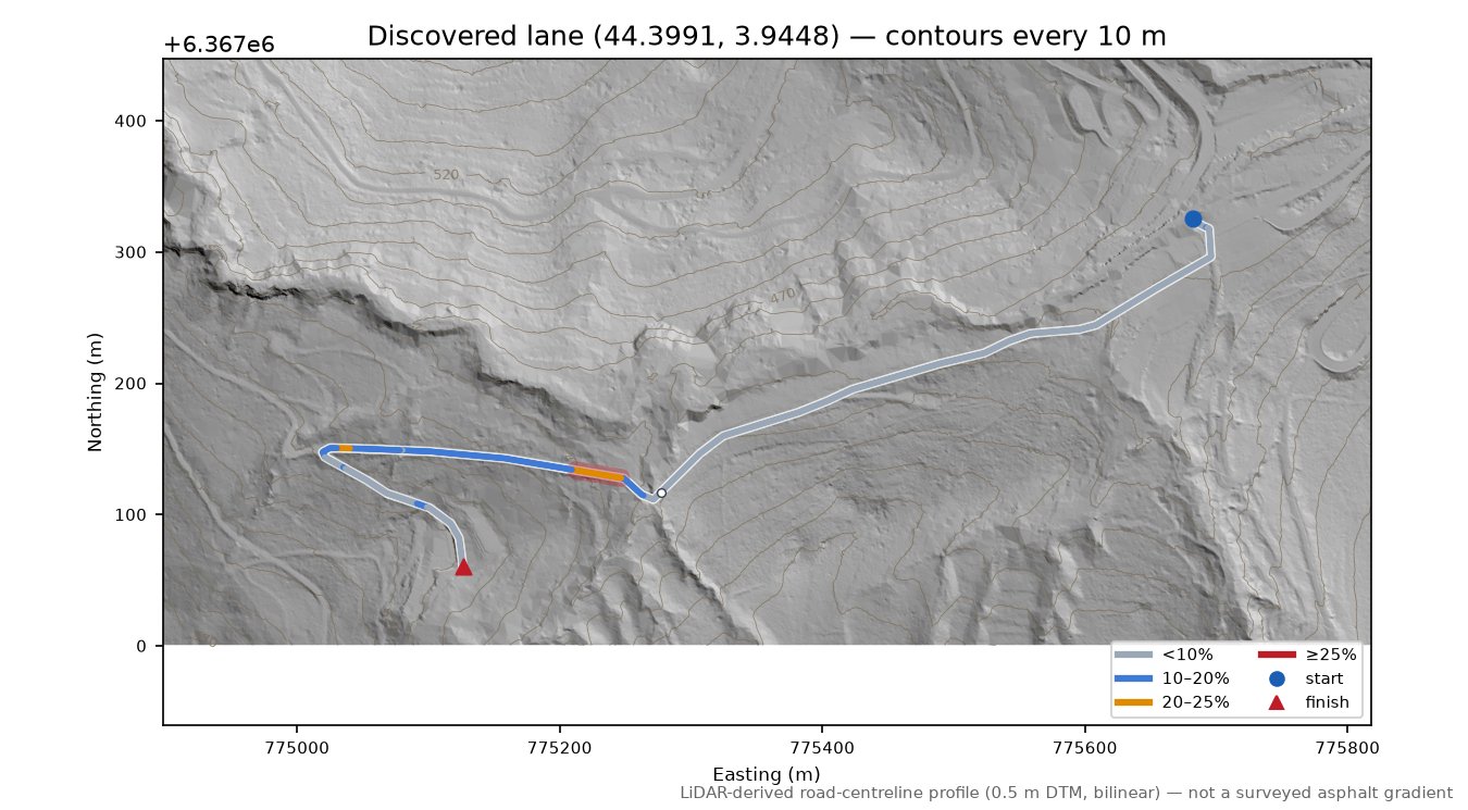 Discovered lane (44.3991, 3.9448) LiDAR hillshade map with contours