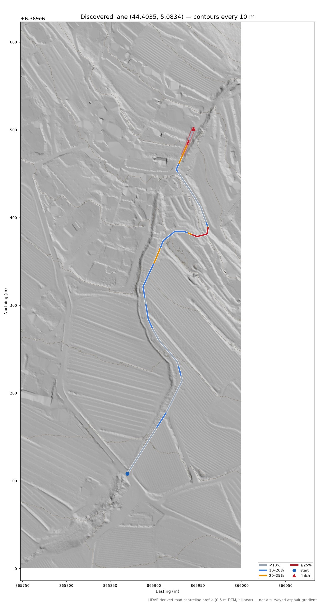 Discovered lane (44.4035, 5.0834) LiDAR hillshade map with contours