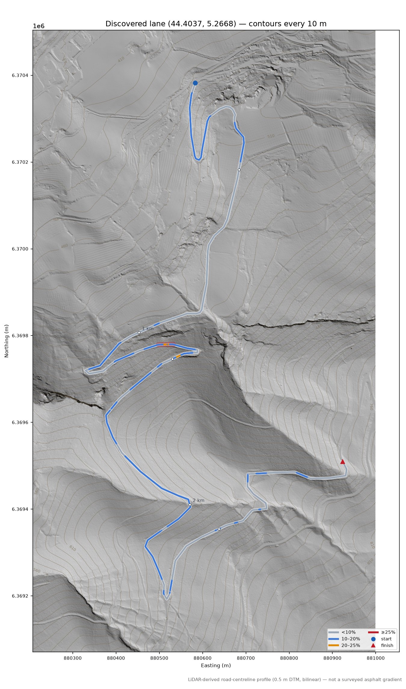 Discovered lane (44.4037, 5.2668) LiDAR hillshade map with contours
