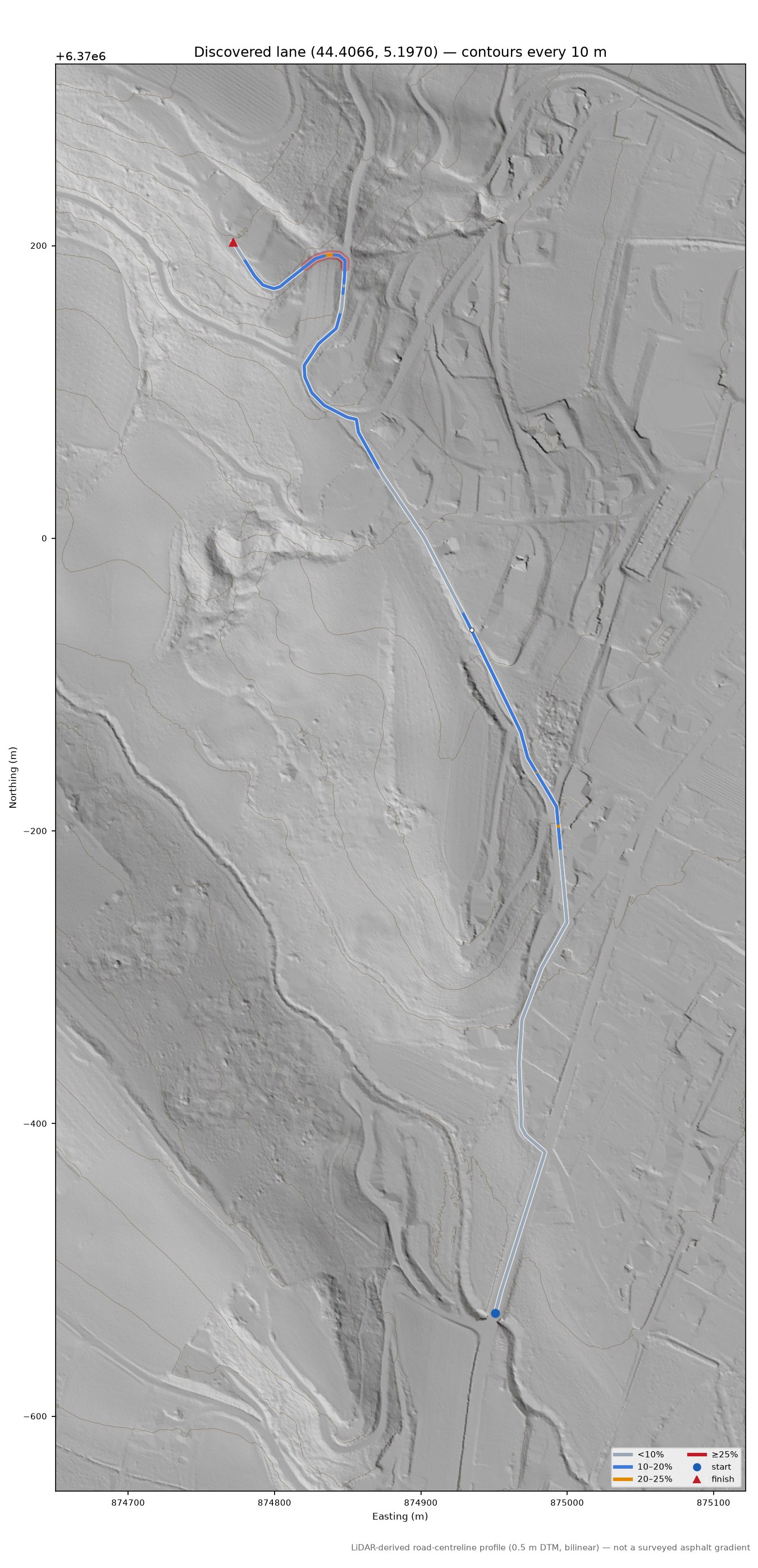 Discovered lane (44.4066, 5.1970) LiDAR hillshade map with contours