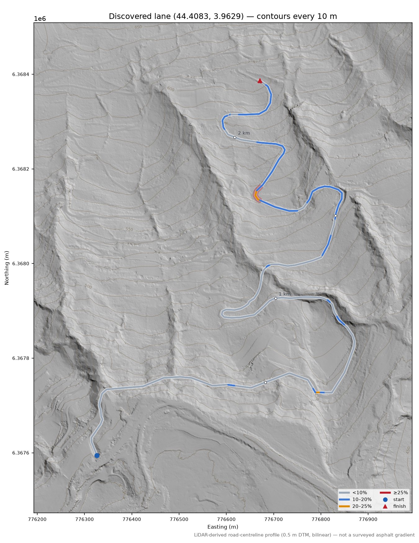 Discovered lane (44.4083, 3.9629) LiDAR hillshade map with contours