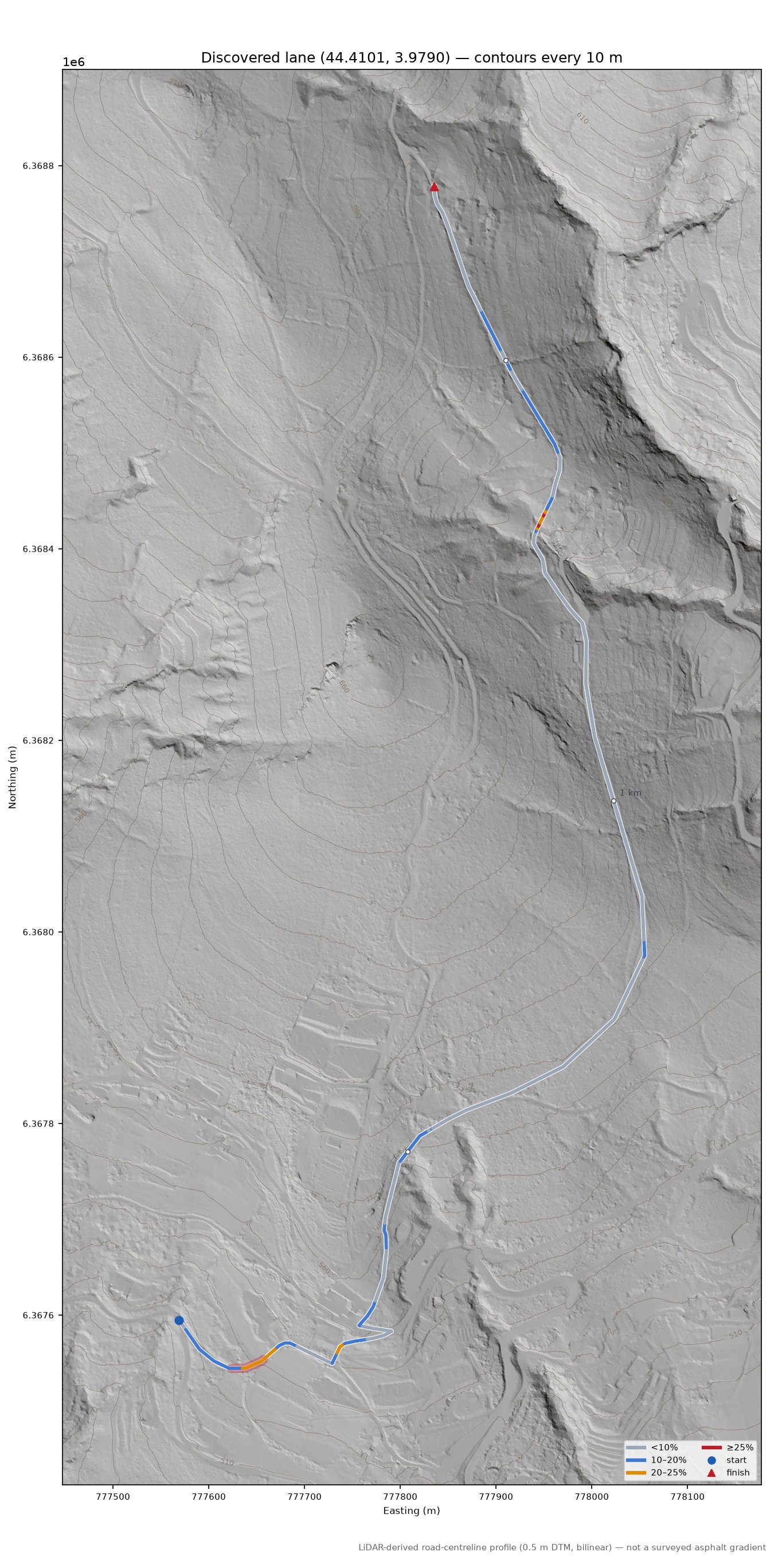 Discovered lane (44.4101, 3.9790) LiDAR hillshade map with contours