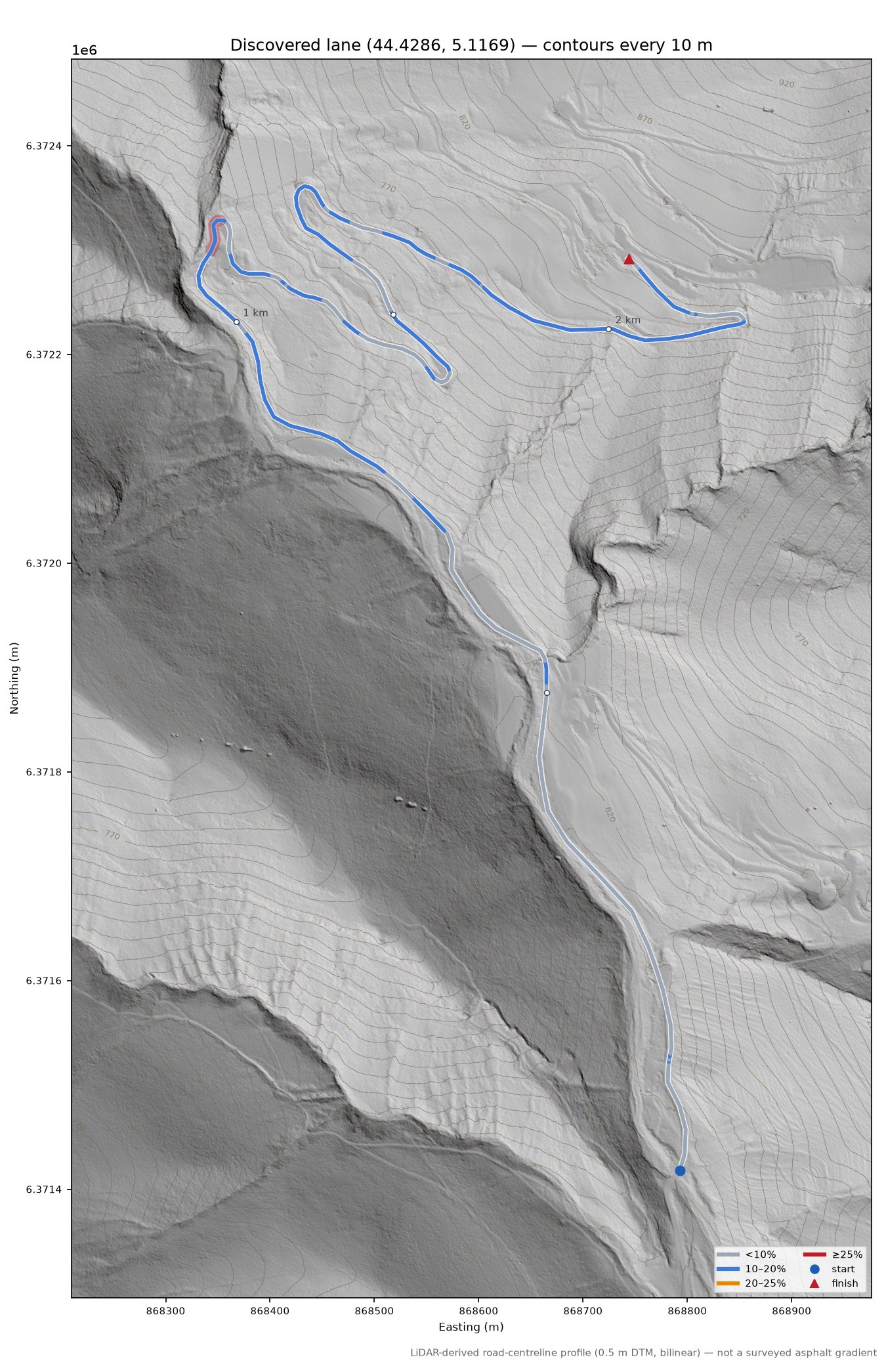 Discovered lane (44.4286, 5.1169) LiDAR hillshade map with contours