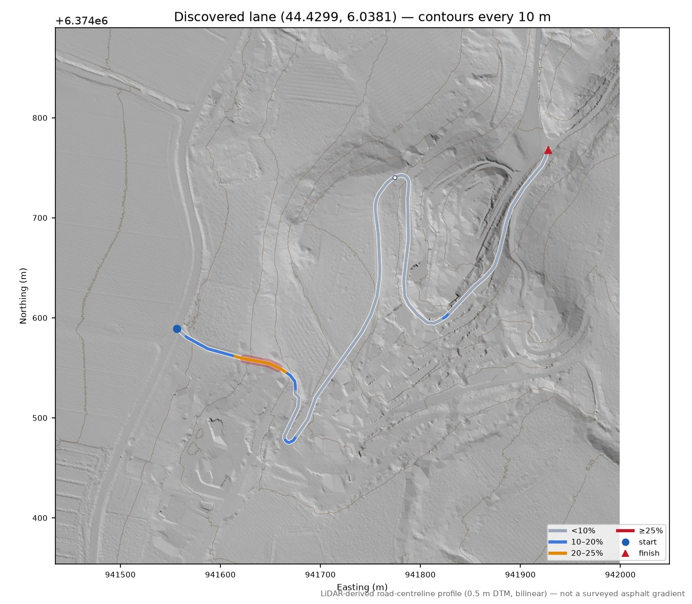 Discovered lane (44.4299, 6.0381) LiDAR hillshade map with contours