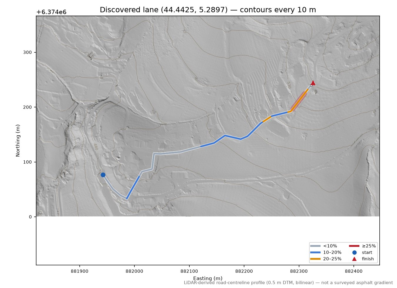 Discovered lane (44.4425, 5.2897) LiDAR hillshade map with contours