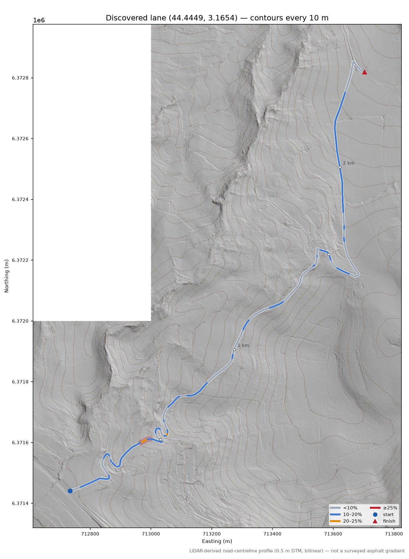 Discovered lane (44.4449, 3.1654) LiDAR hillshade map with contours