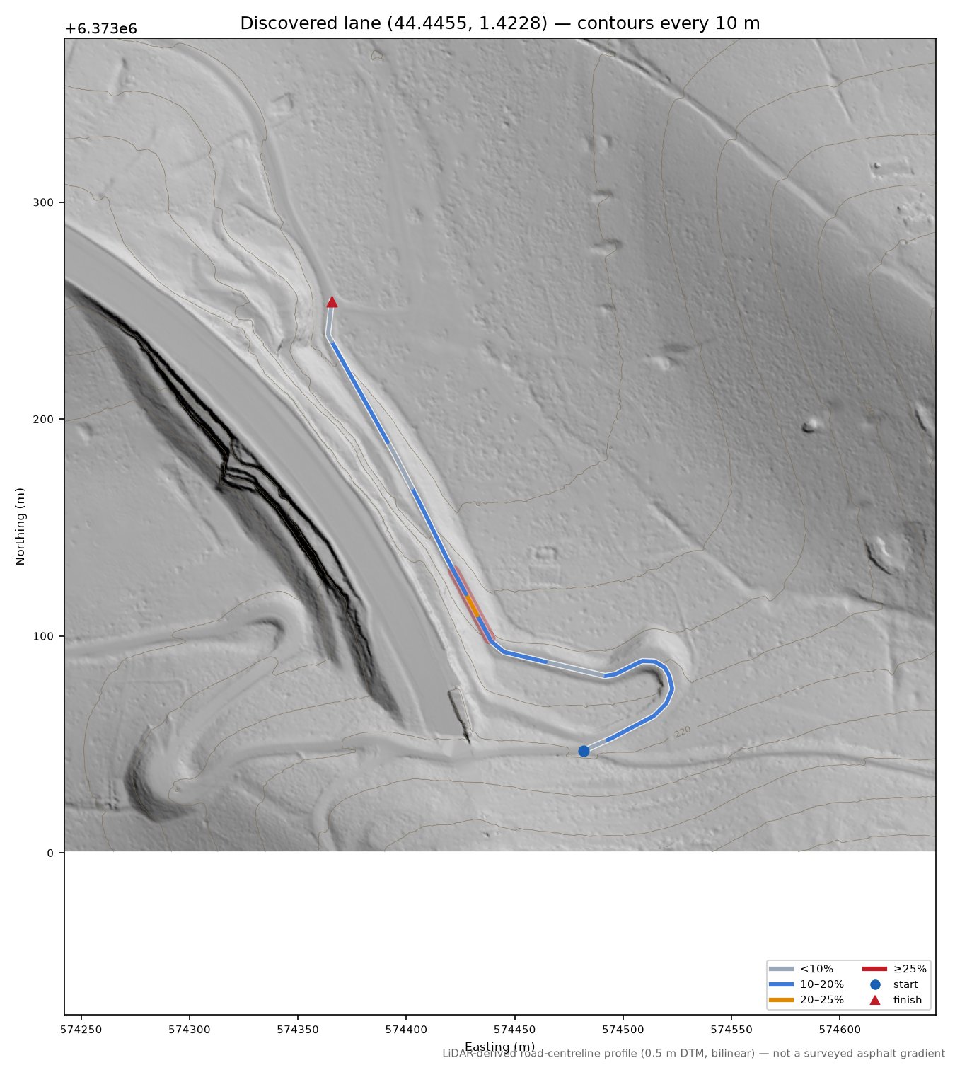 Discovered lane (44.4455, 1.4228) LiDAR hillshade map with contours