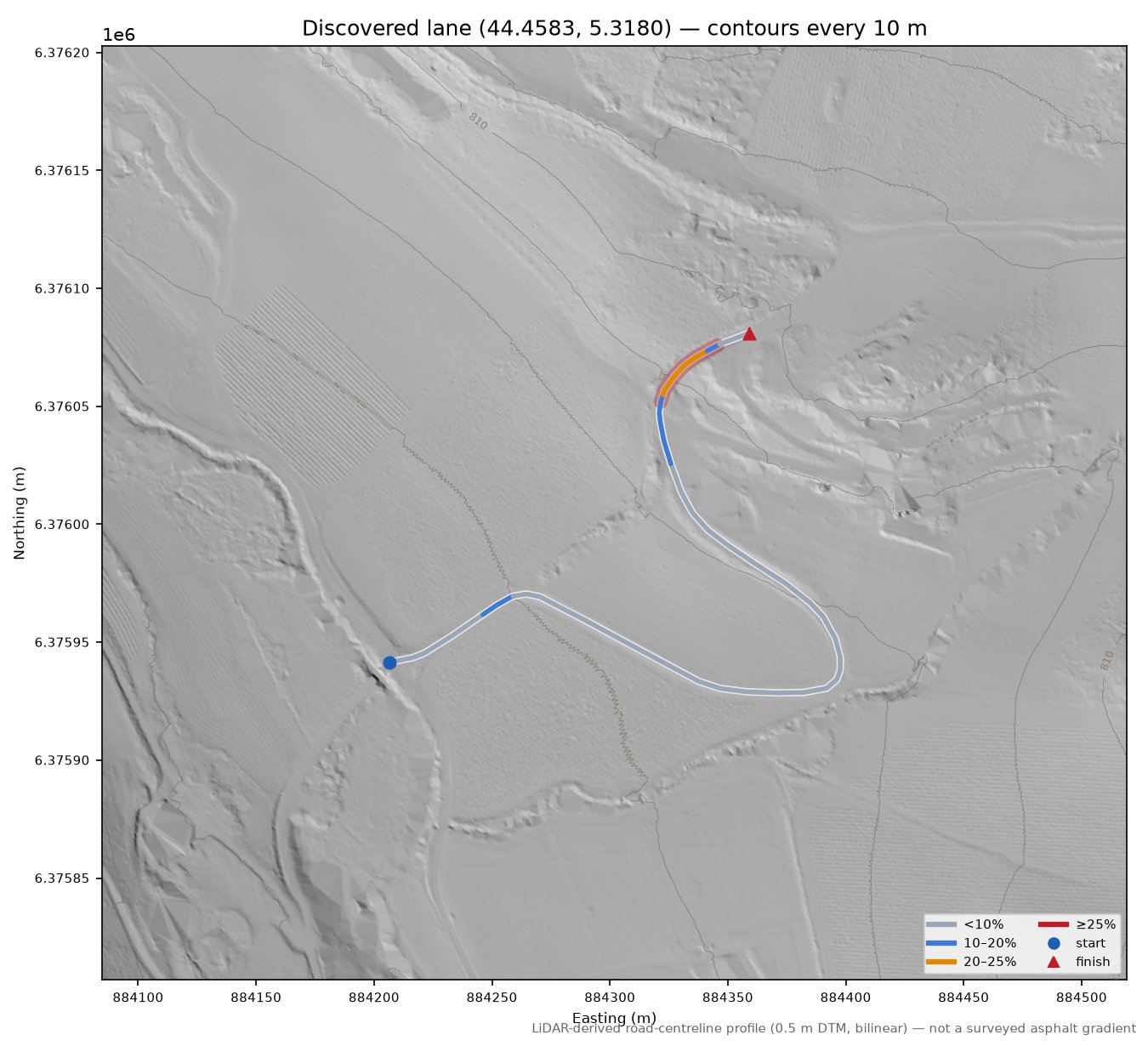 Discovered lane (44.4583, 5.3180) LiDAR hillshade map with contours
