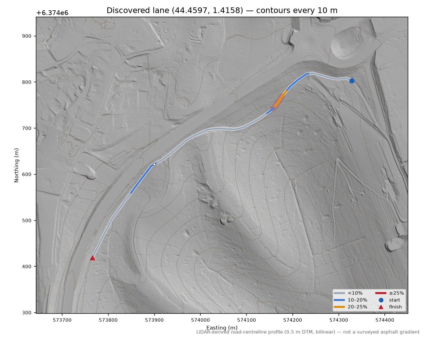 Discovered lane (44.4597, 1.4158) LiDAR hillshade map with contours