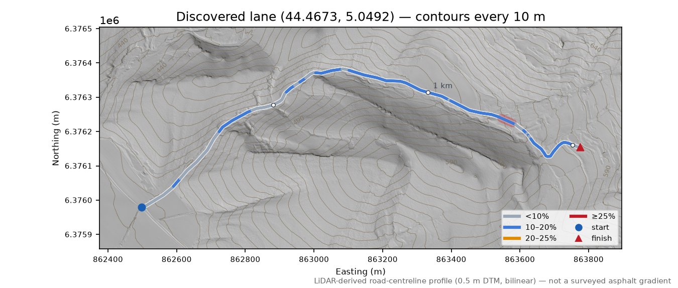 Discovered lane (44.4673, 5.0492) LiDAR hillshade map with contours