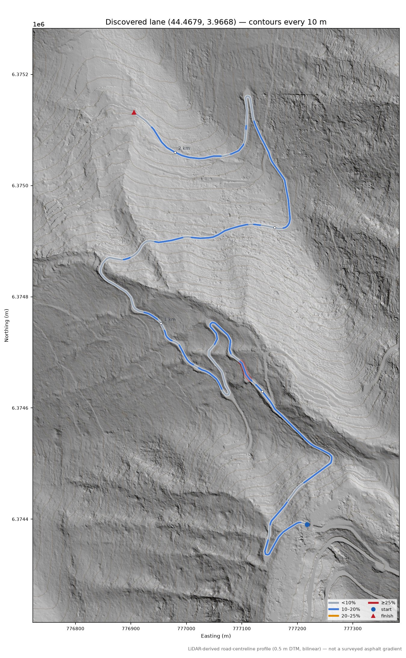 Discovered lane (44.4679, 3.9668) LiDAR hillshade map with contours
