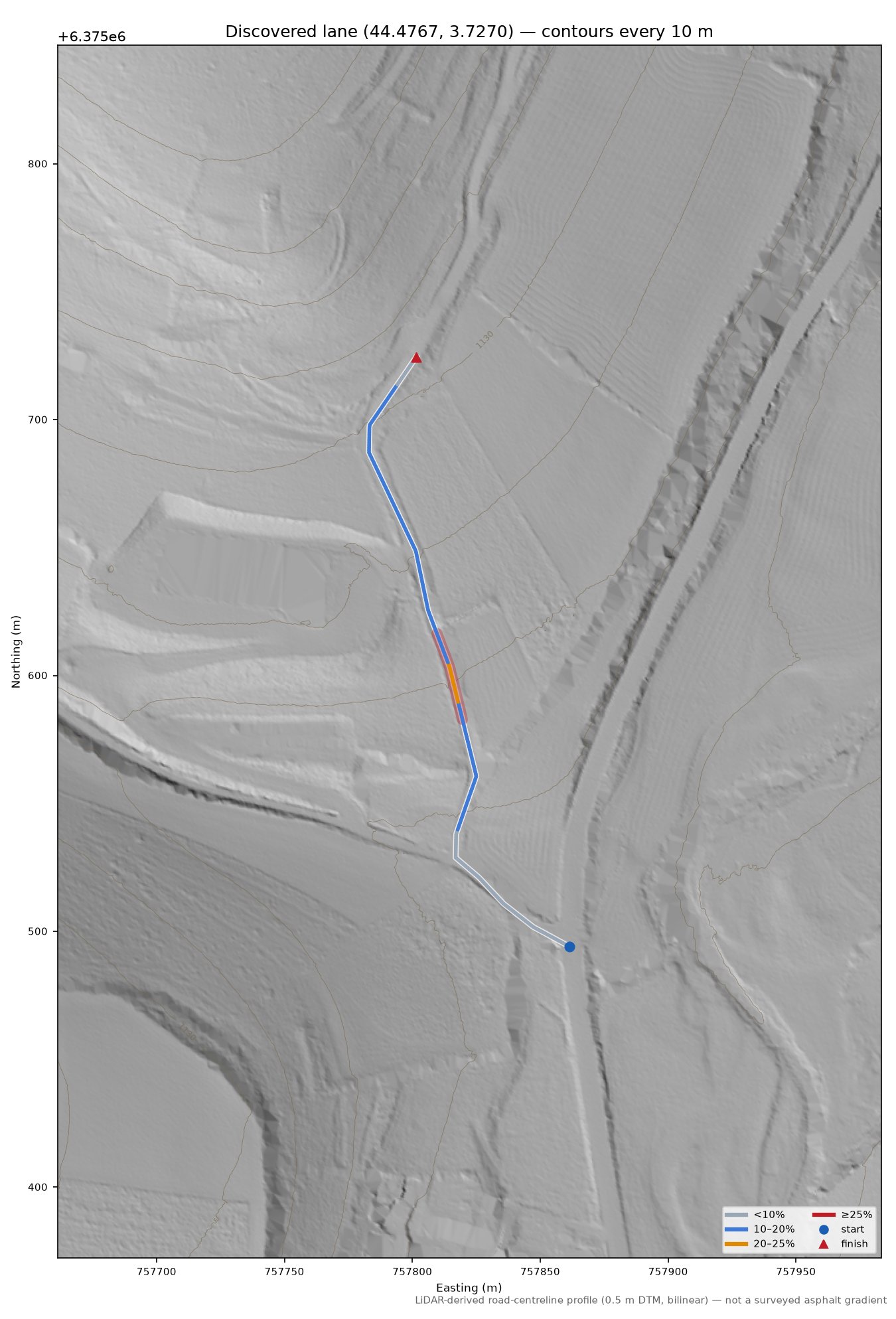 Discovered lane (44.4767, 3.7270) LiDAR hillshade map with contours