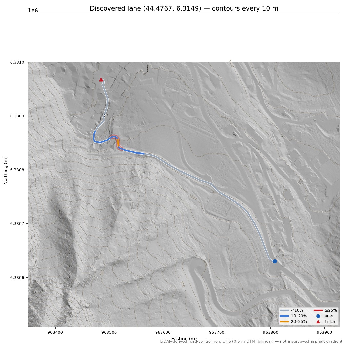 Discovered lane (44.4767, 6.3149) LiDAR hillshade map with contours
