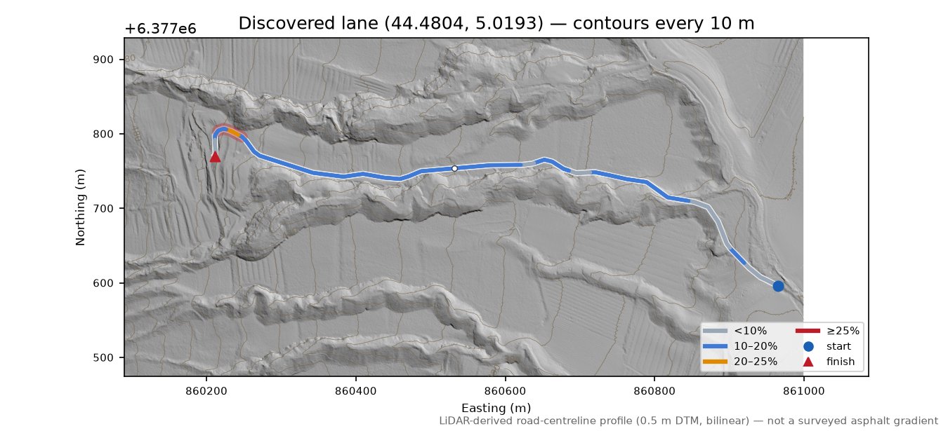 Discovered lane (44.4804, 5.0193) LiDAR hillshade map with contours