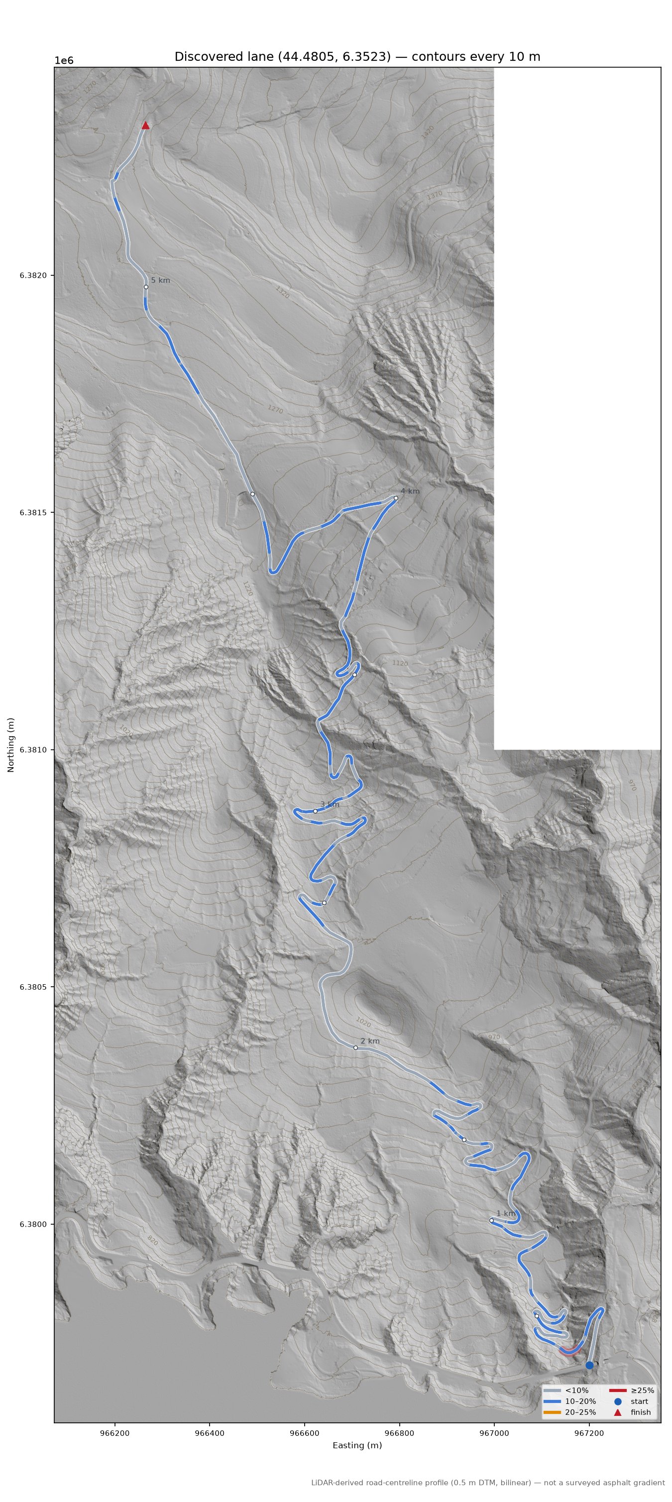 Discovered lane (44.4805, 6.3523) LiDAR hillshade map with contours