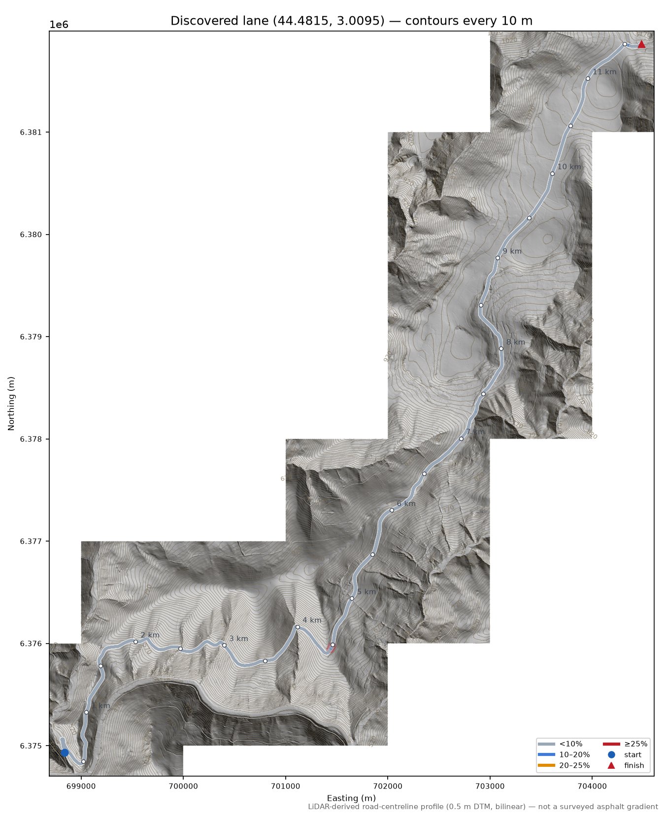 Discovered lane (44.4815, 3.0095) LiDAR hillshade map with contours