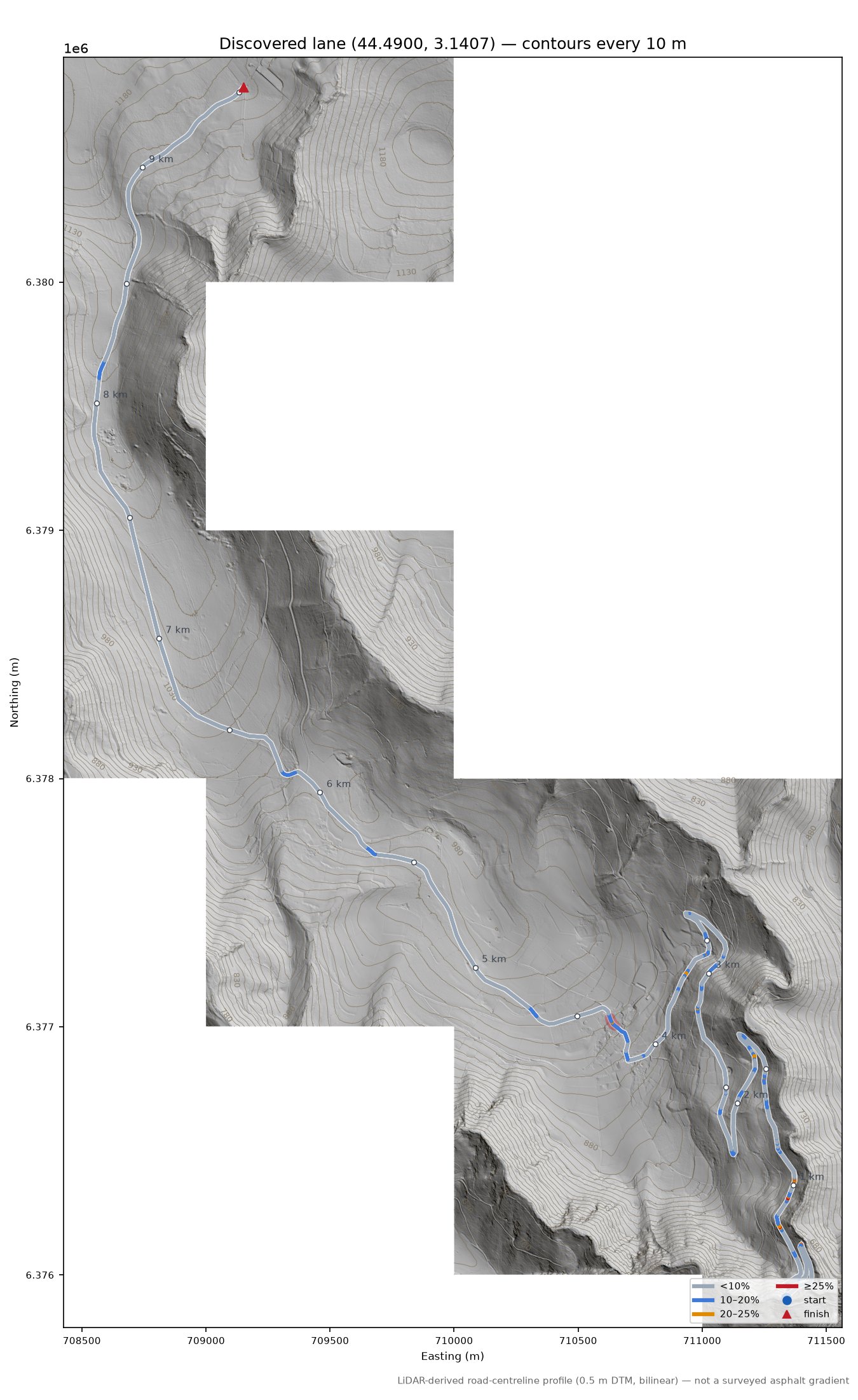 Discovered lane (44.4900, 3.1407) LiDAR hillshade map with contours