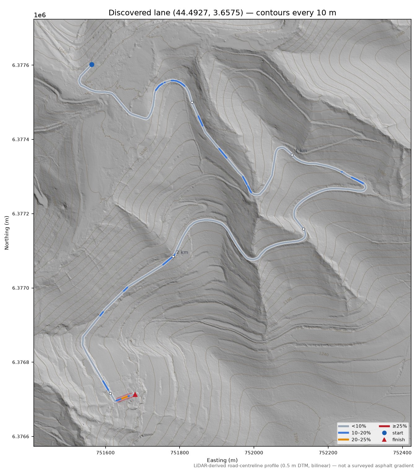 Discovered lane (44.4927, 3.6575) LiDAR hillshade map with contours