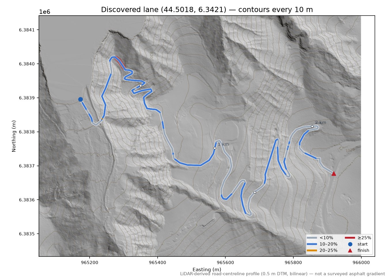 Discovered lane (44.5018, 6.3421) LiDAR hillshade map with contours