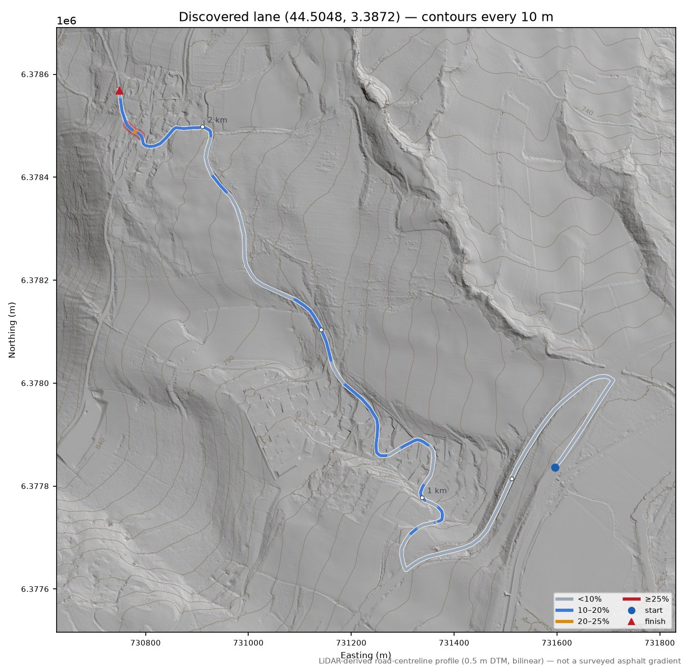 Discovered lane (44.5048, 3.3872) LiDAR hillshade map with contours