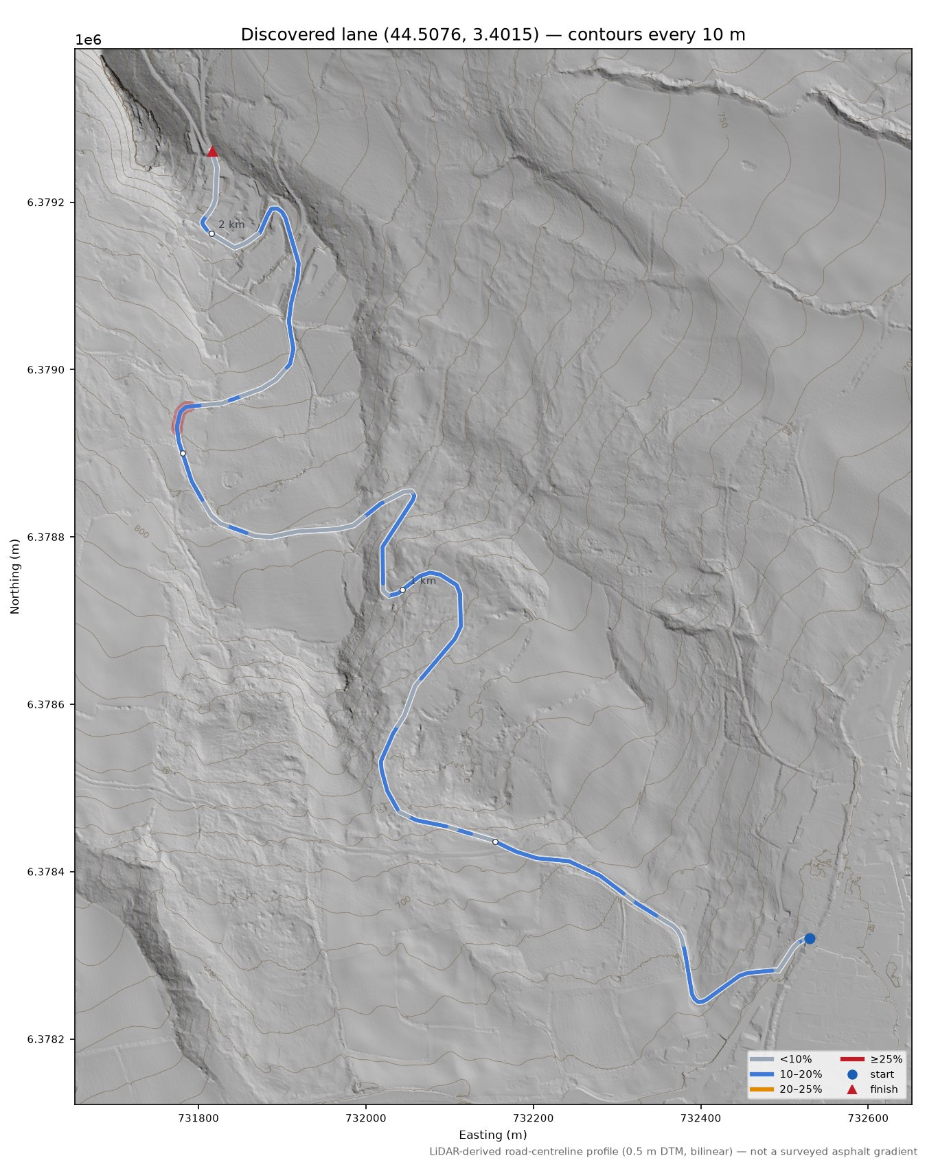 Discovered lane (44.5076, 3.4015) LiDAR hillshade map with contours