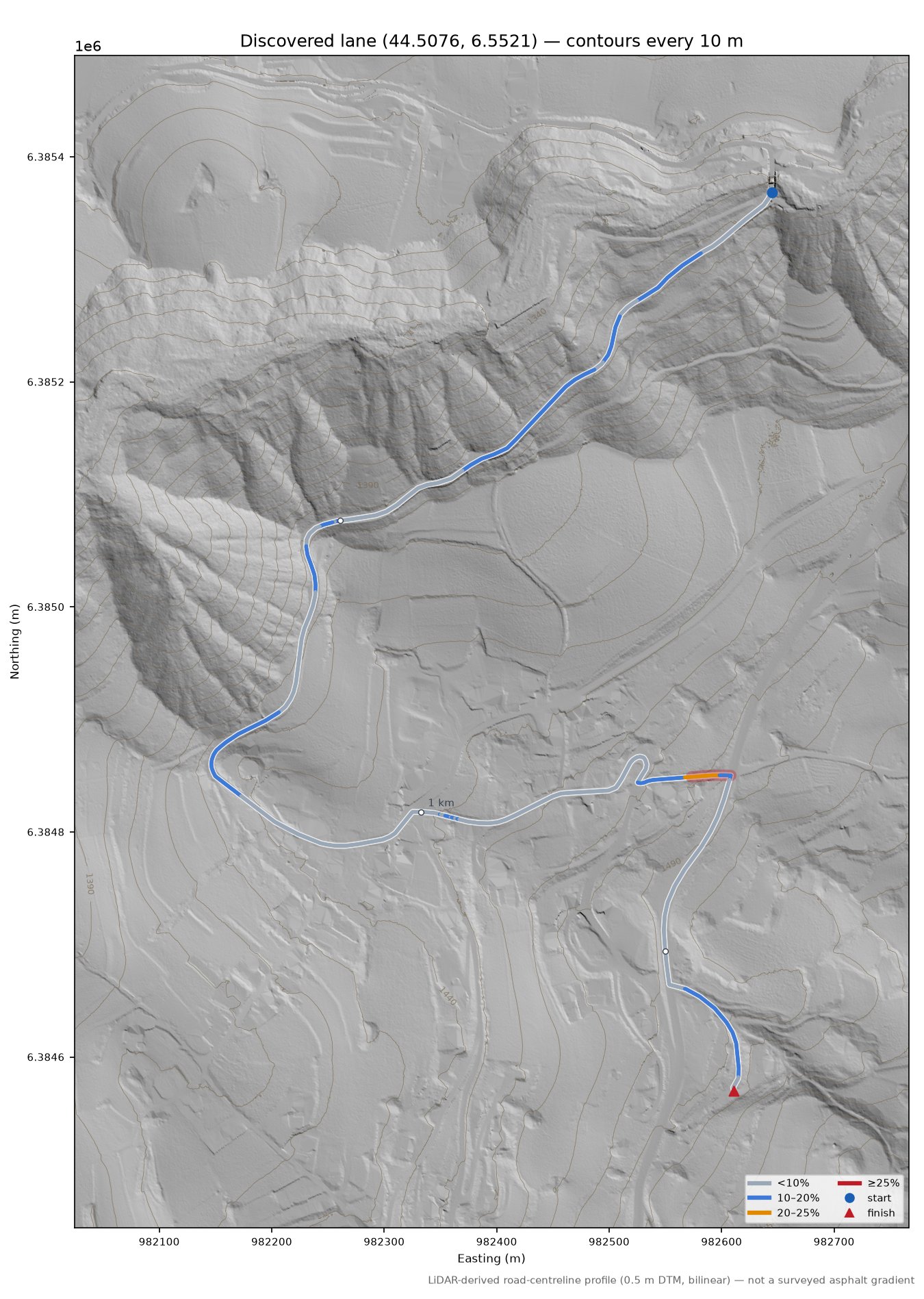 Discovered lane (44.5076, 6.5521) LiDAR hillshade map with contours