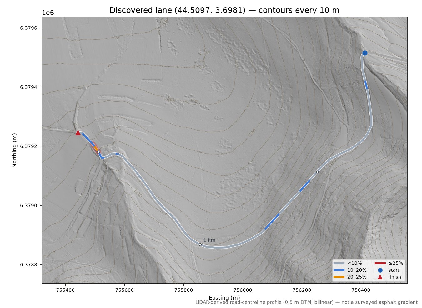 Discovered lane (44.5097, 3.6981) LiDAR hillshade map with contours