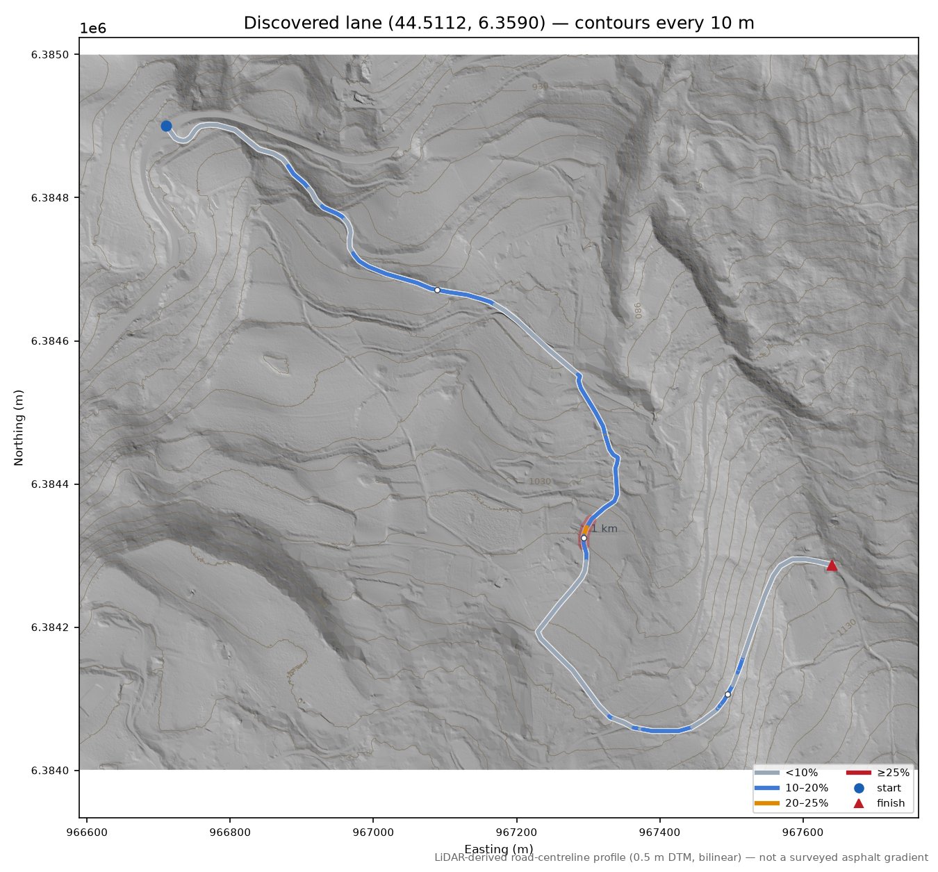 Discovered lane (44.5112, 6.3590) LiDAR hillshade map with contours