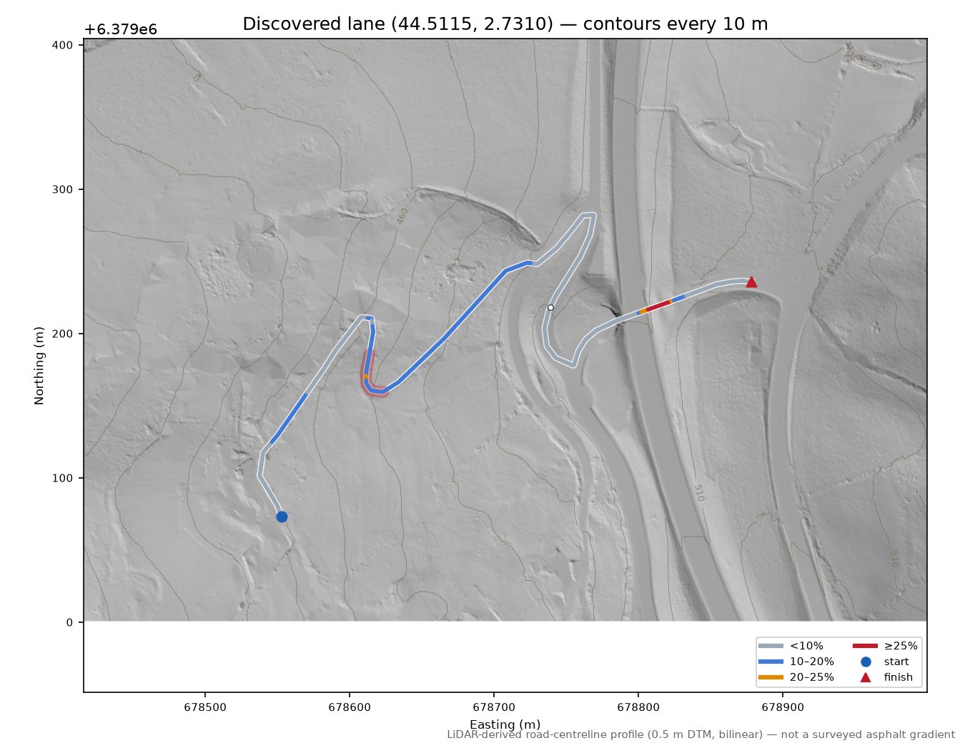 Discovered lane (44.5115, 2.7310) LiDAR hillshade map with contours