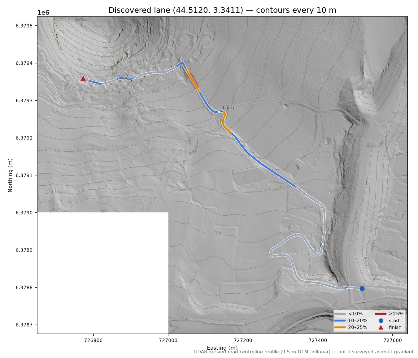 Discovered lane (44.5120, 3.3411) LiDAR hillshade map with contours