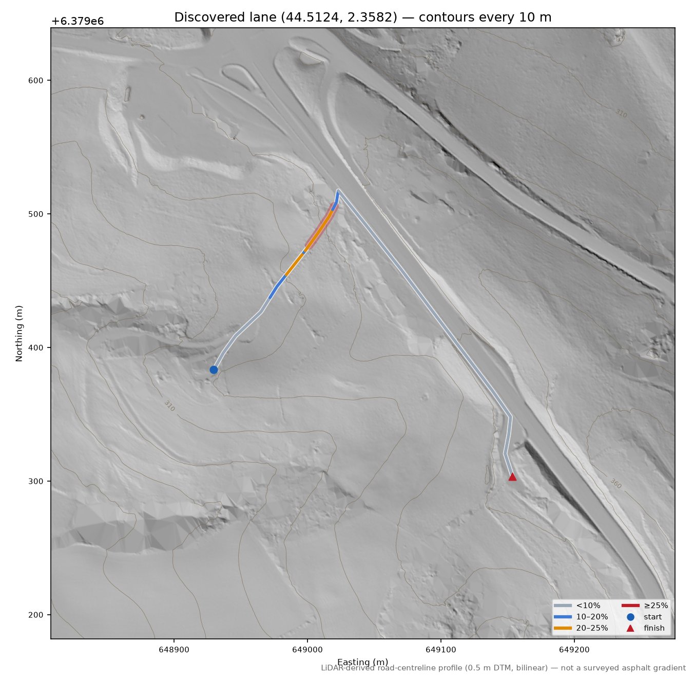 Discovered lane (44.5124, 2.3582) LiDAR hillshade map with contours