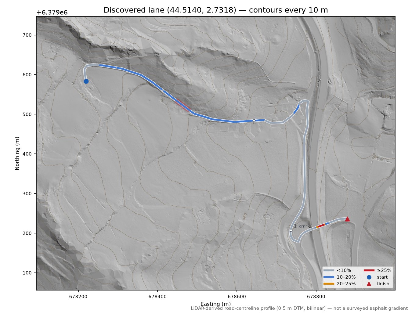Discovered lane (44.5140, 2.7318) LiDAR hillshade map with contours