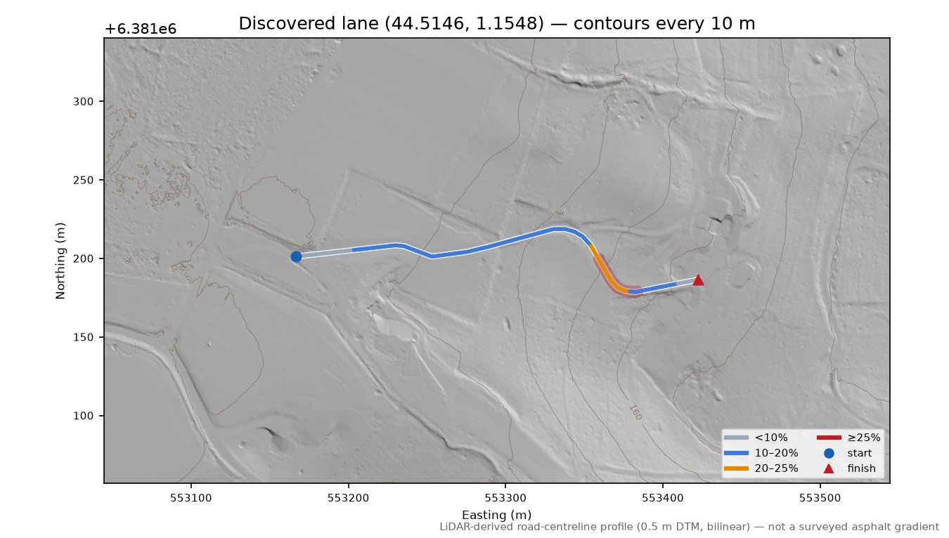 Discovered lane (44.5146, 1.1548) LiDAR hillshade map with contours
