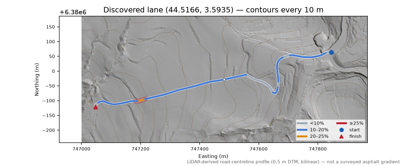 Discovered lane (44.5166, 3.5935) LiDAR hillshade map with contours