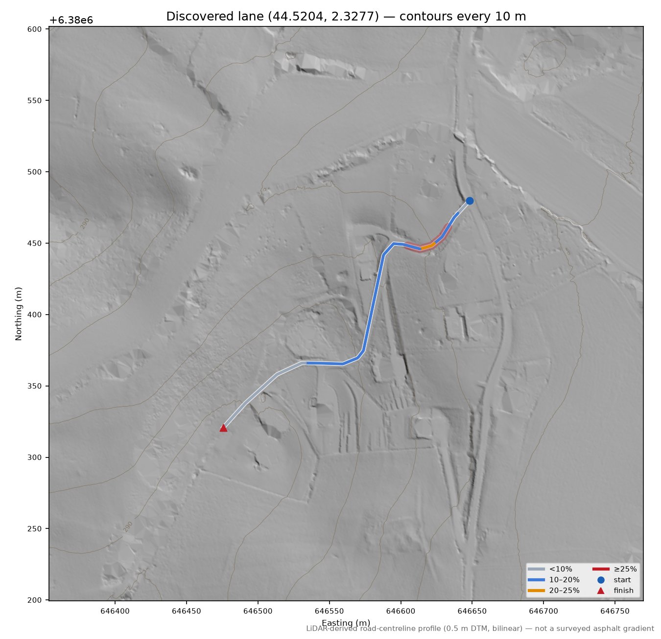 Discovered lane (44.5204, 2.3277) LiDAR hillshade map with contours