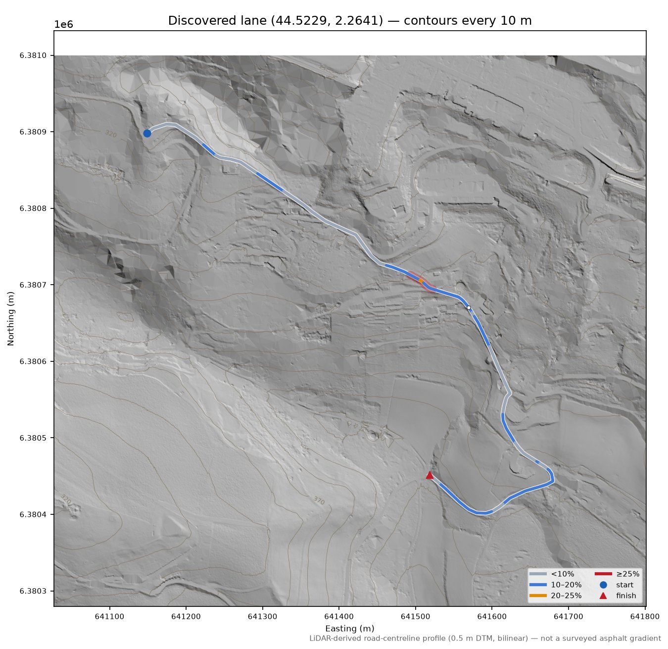 Discovered lane (44.5229, 2.2641) LiDAR hillshade map with contours