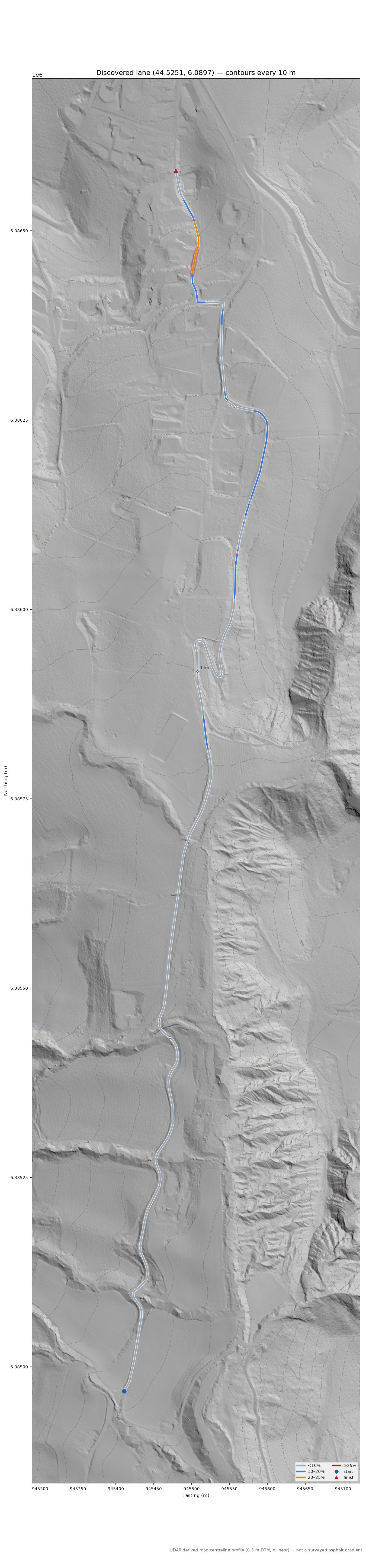Discovered lane (44.5251, 6.0897) LiDAR hillshade map with contours
