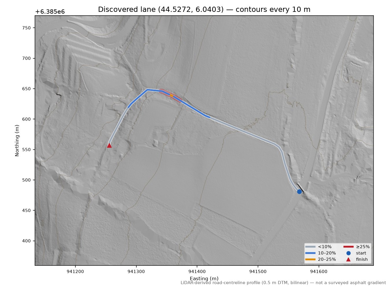 Discovered lane (44.5272, 6.0403) LiDAR hillshade map with contours