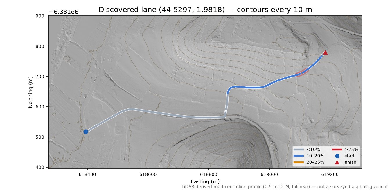 Discovered lane (44.5297, 1.9818) LiDAR hillshade map with contours